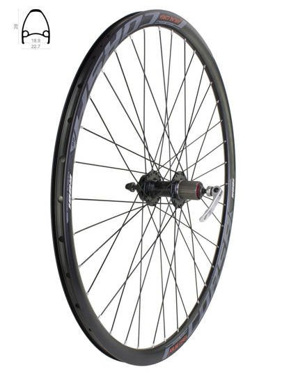 Rear wheel 28" Rodi Corsa rim, XMX-282QR hub, 8-9-10 speed cassette, disc brake, sealed bearings, black spokes