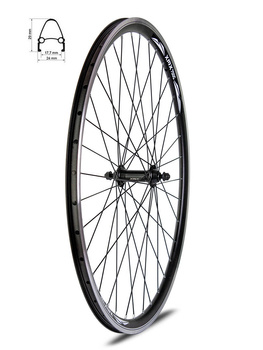 Front wheel 28" black cone rim, aluminum hub with nuts, sealed bearings, black spokes